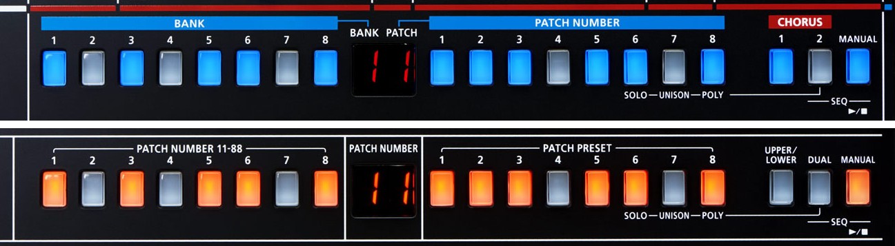 The patch selection button rows of the JU-06 and the JP-08