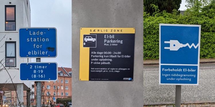 Some EV parking signs in Danish. (Elbil is the Scandinavian word for **el**ectric automo**bil**e.)