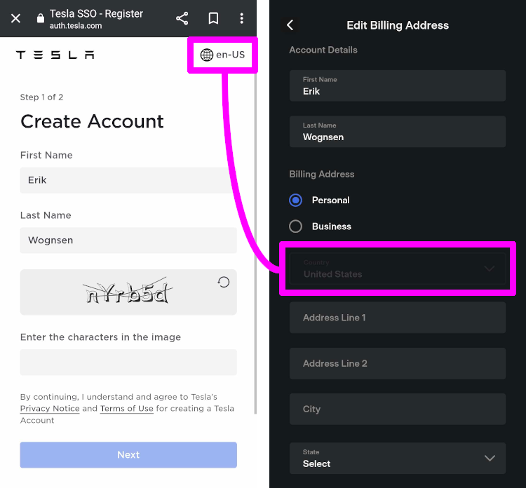 Picture shows the Tesla "Create Account" webpage and how its language setting affects the Tesla App "Edit Billing Address" page